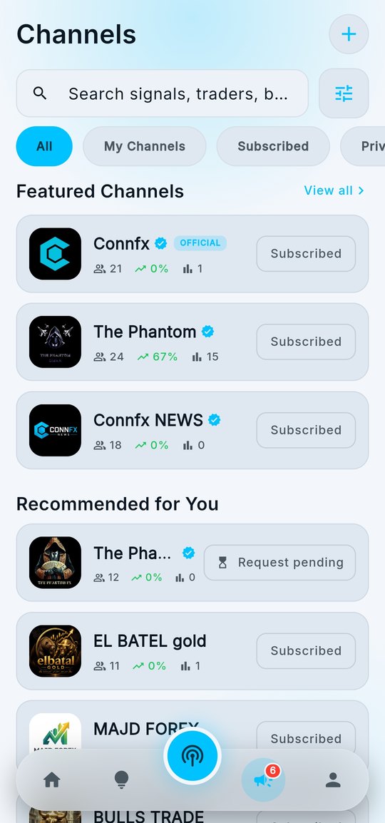 Connfx channels list with featured and recommended trading channels
