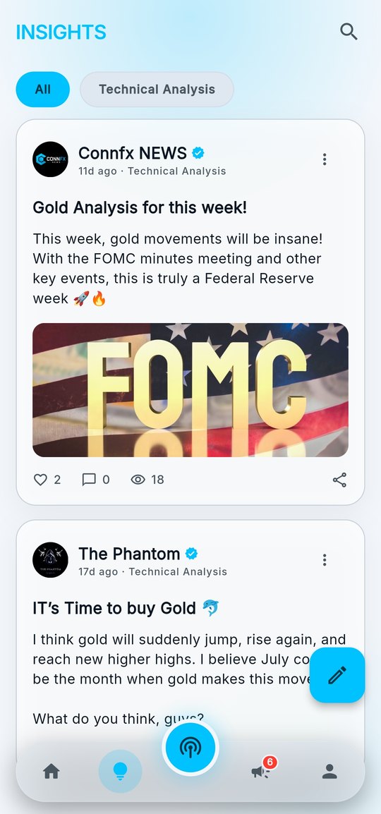 Connfx insights feed with technical analysis posts from verified creators